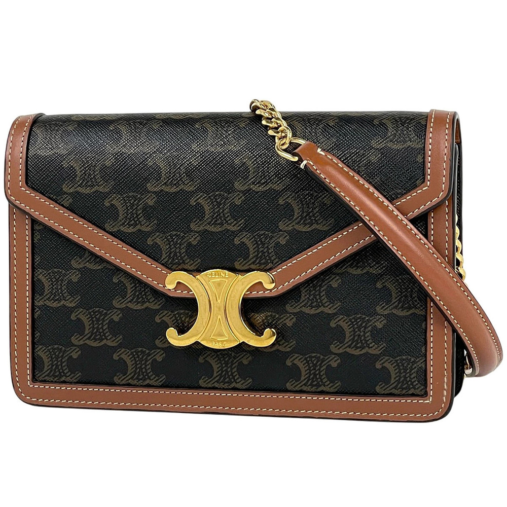 Celine Chain Wallet Margot Triomphe Clutch Bag Canvas Brown Black
